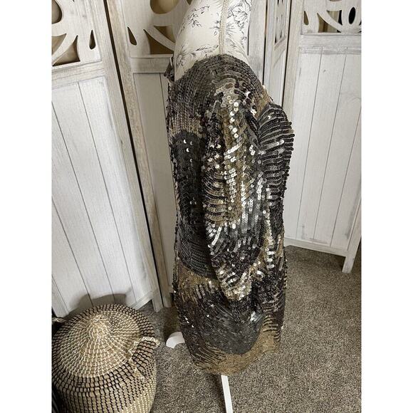 Shail K Sequin Metallic Gray Silver Gold Cocktail Fit & Flare Dress Size 18 - Picture 2 of 10